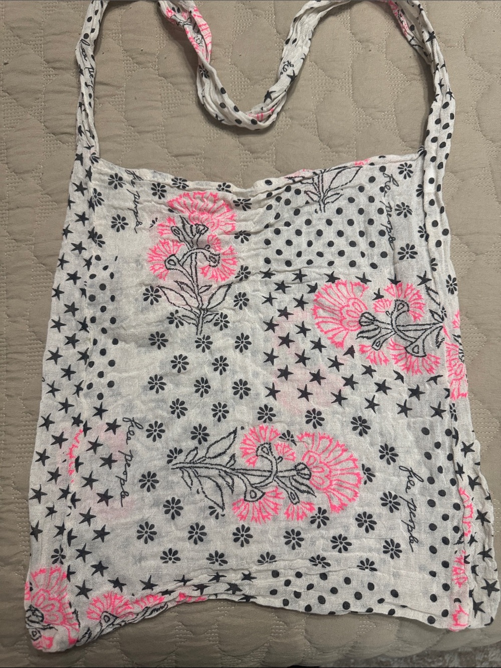 Free People Sheer Sack Bag 💼 with Black Prints & Neon Pink Floral Accents